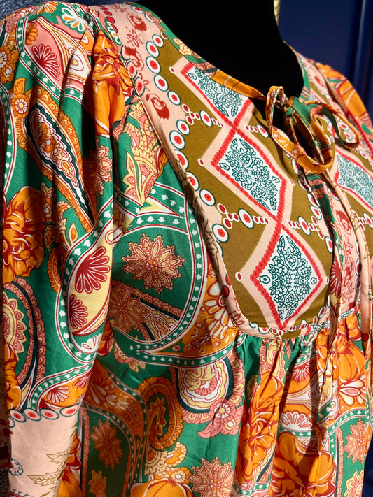 Bluetime Green and Orange Print Dress