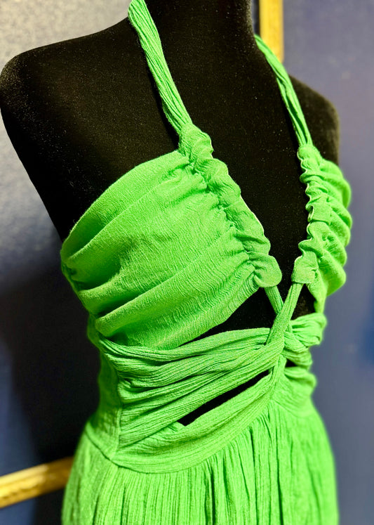 Aakaa Green Smocked Halter Dress