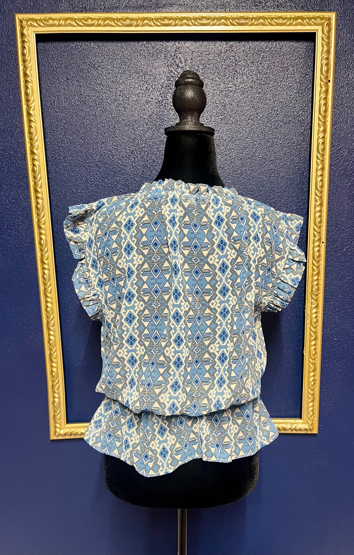 Elan Blue Print Peplum Blouse