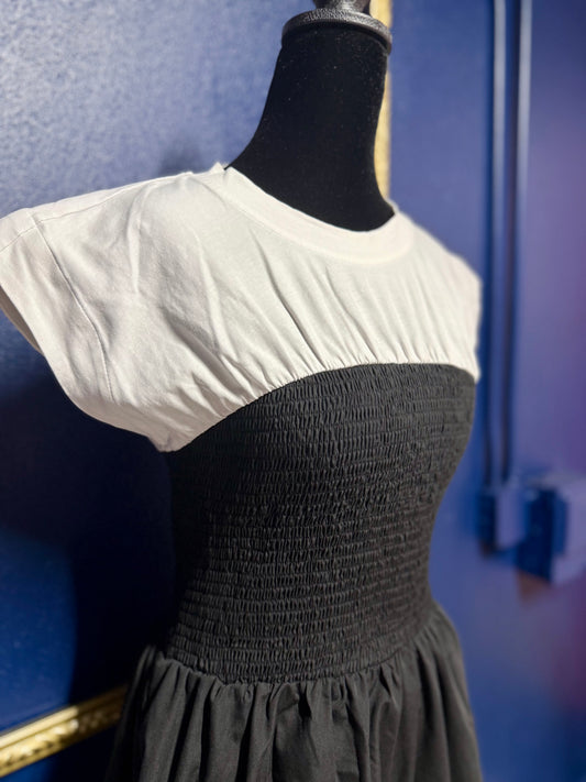 Entro Black and White Smocked Waist Dress