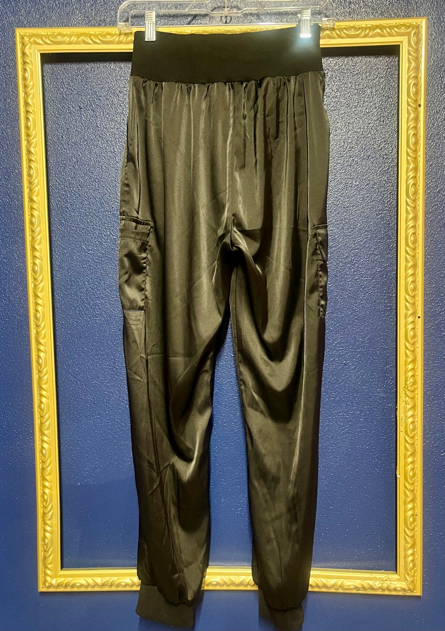 PrettyGarden Black Silk Cargo Joggers