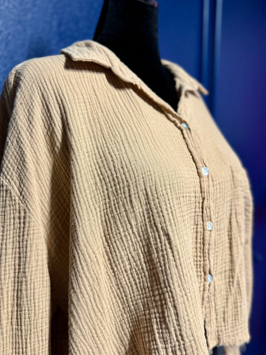 Miss Love Tan Gauzey Button Down