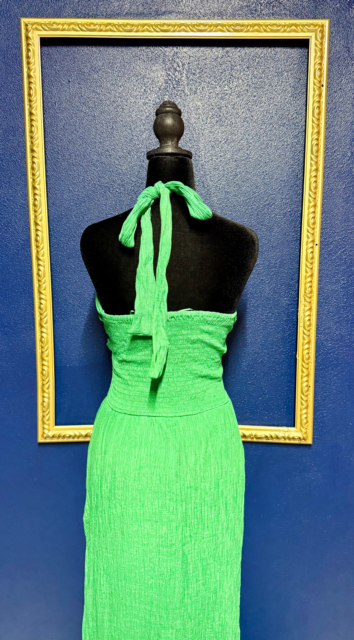 Aakaa Green Smocked Halter Dress