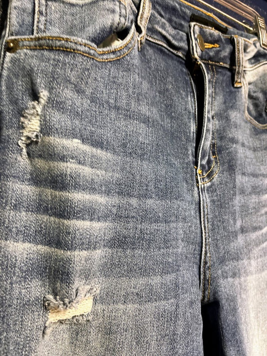 Risen Distressed Straight Leg Jeans