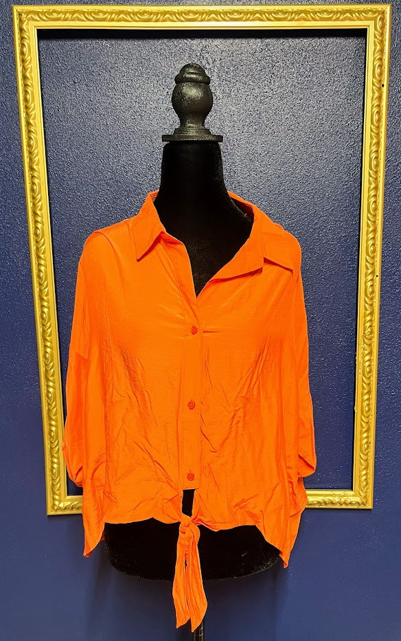 Glam Bright Orange Front Tie Button Down