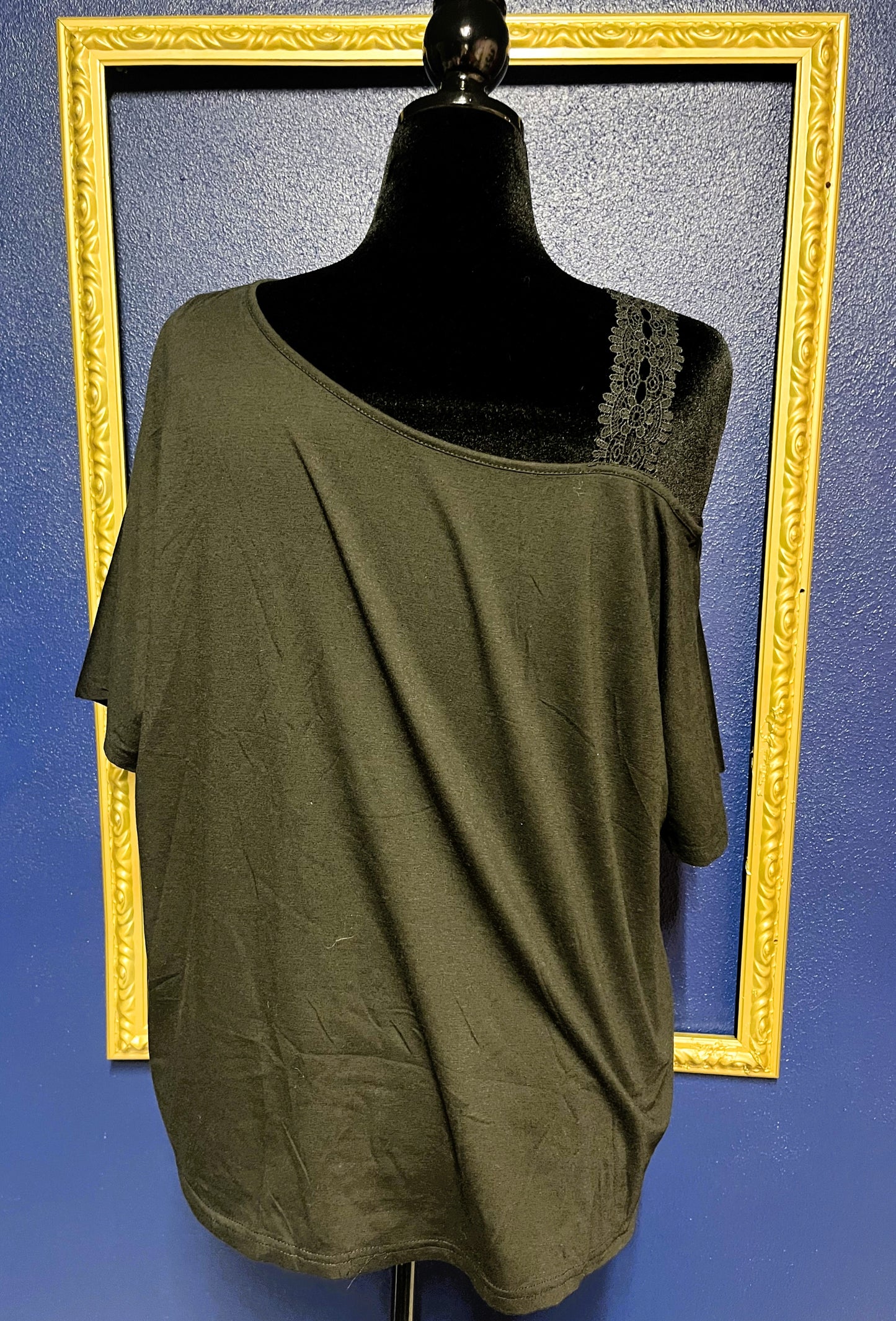 Black Lace Strap One Shoulder T-Shirt