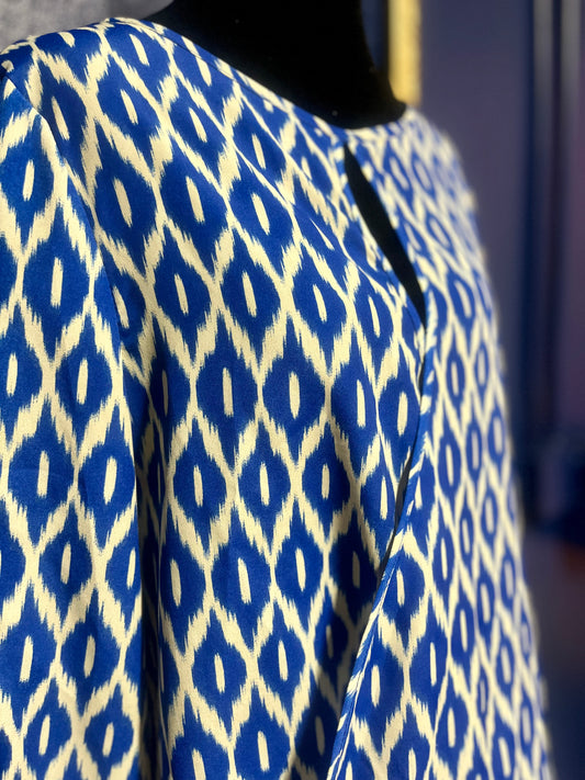 Blue and White Geometric Print Top