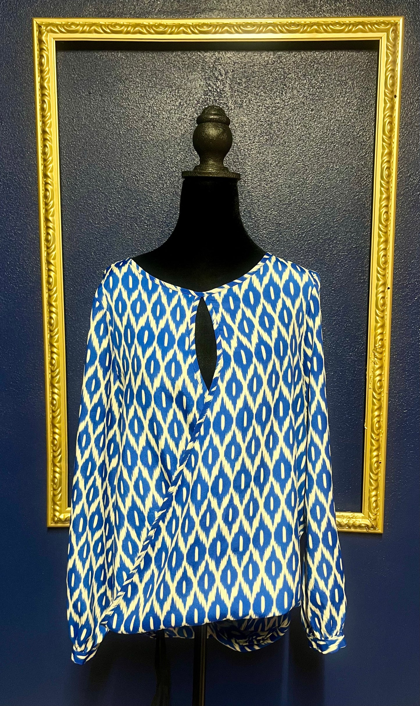 Blue and White Geometric Print Top