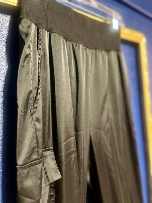PrettyGarden Black Silk Cargo Joggers