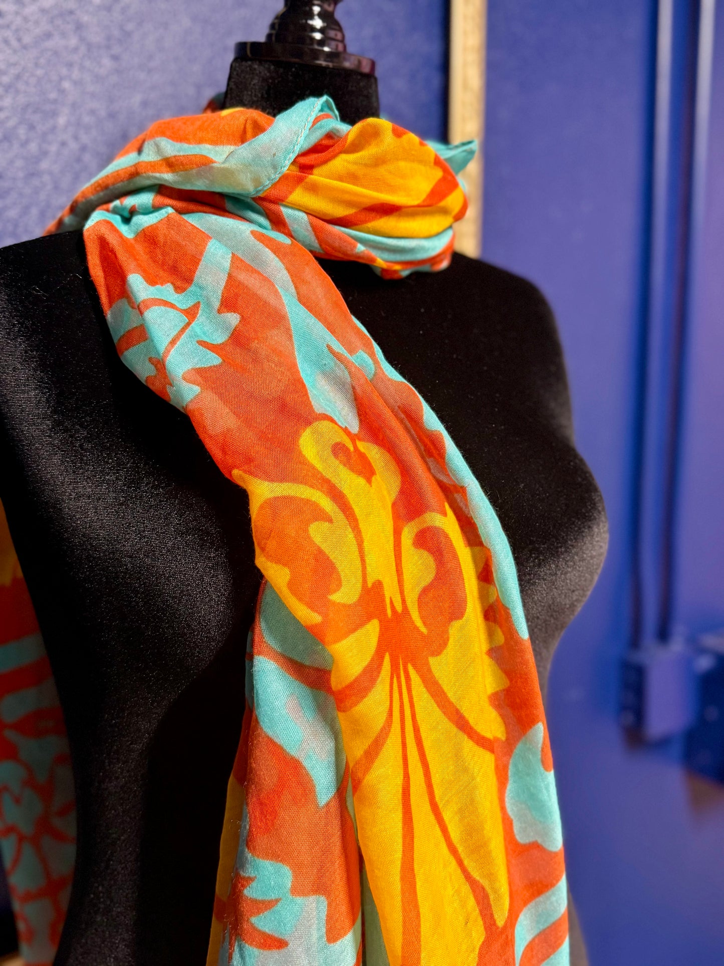 Turquoise and Orange Print Scarf