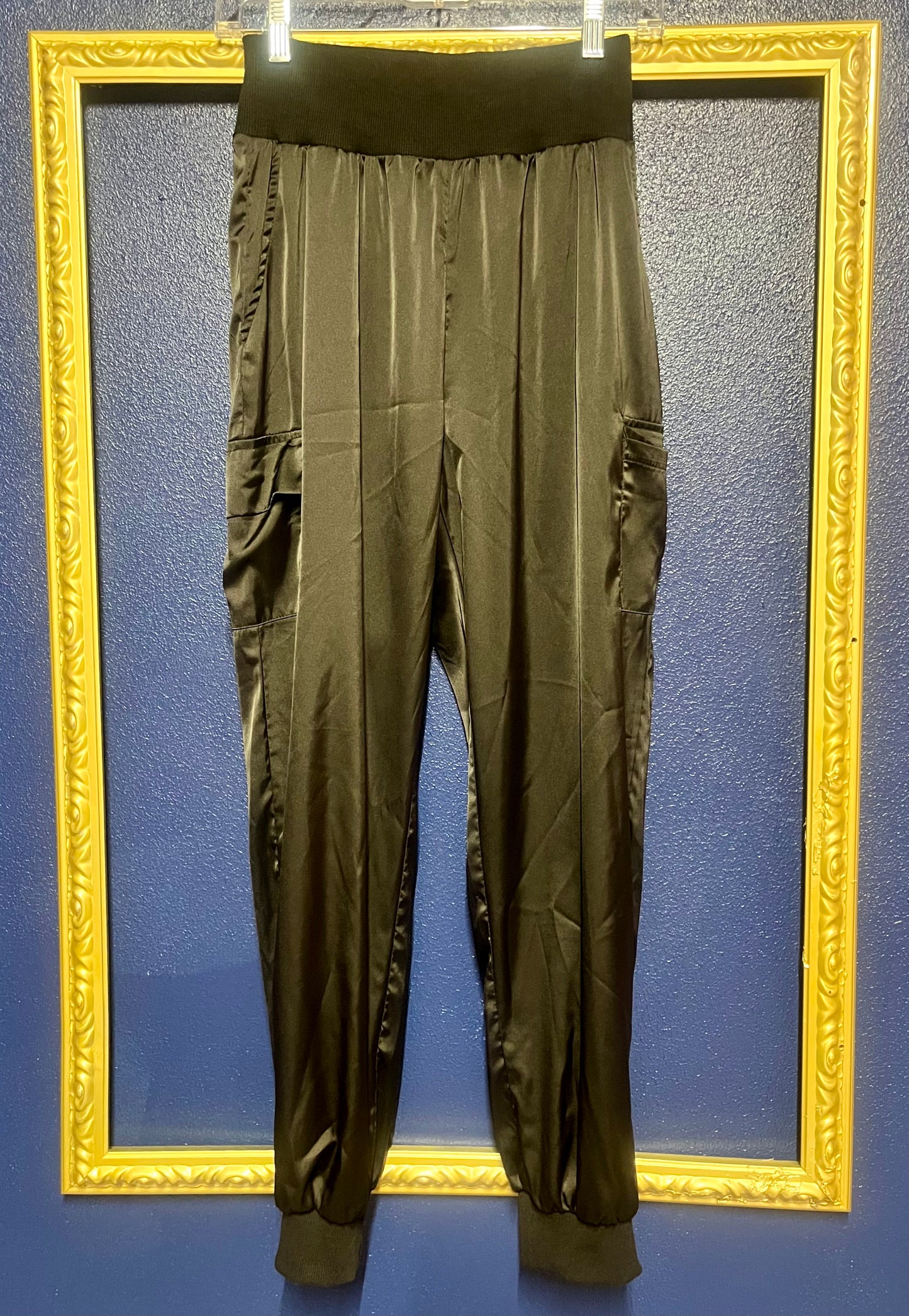 PrettyGarden Black Silk Cargo Joggers