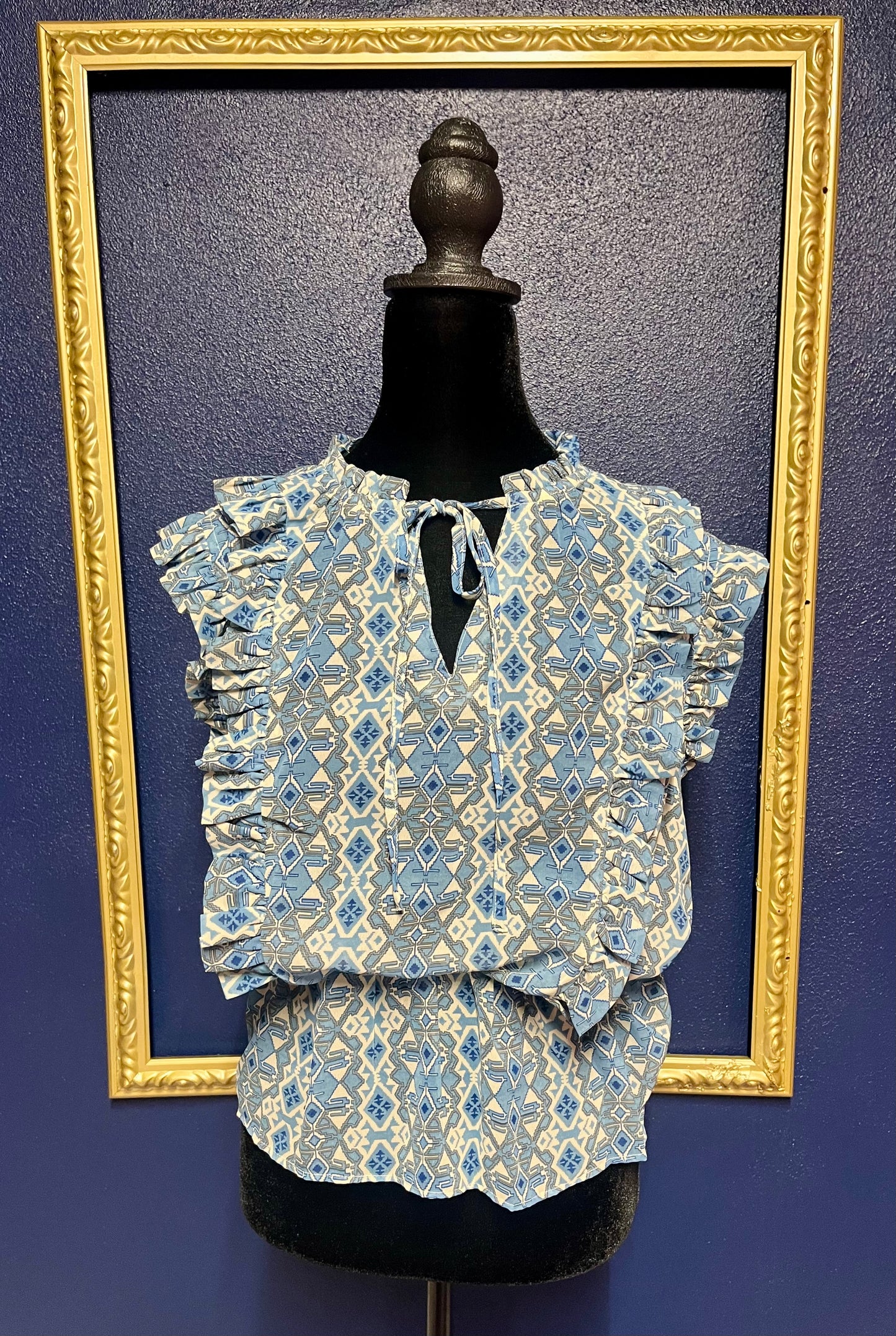 Elan Blue Print Peplum Blouse