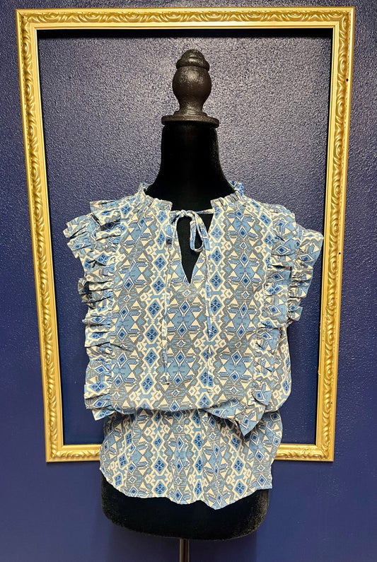 Elan Blue Print Peplum Blouse
