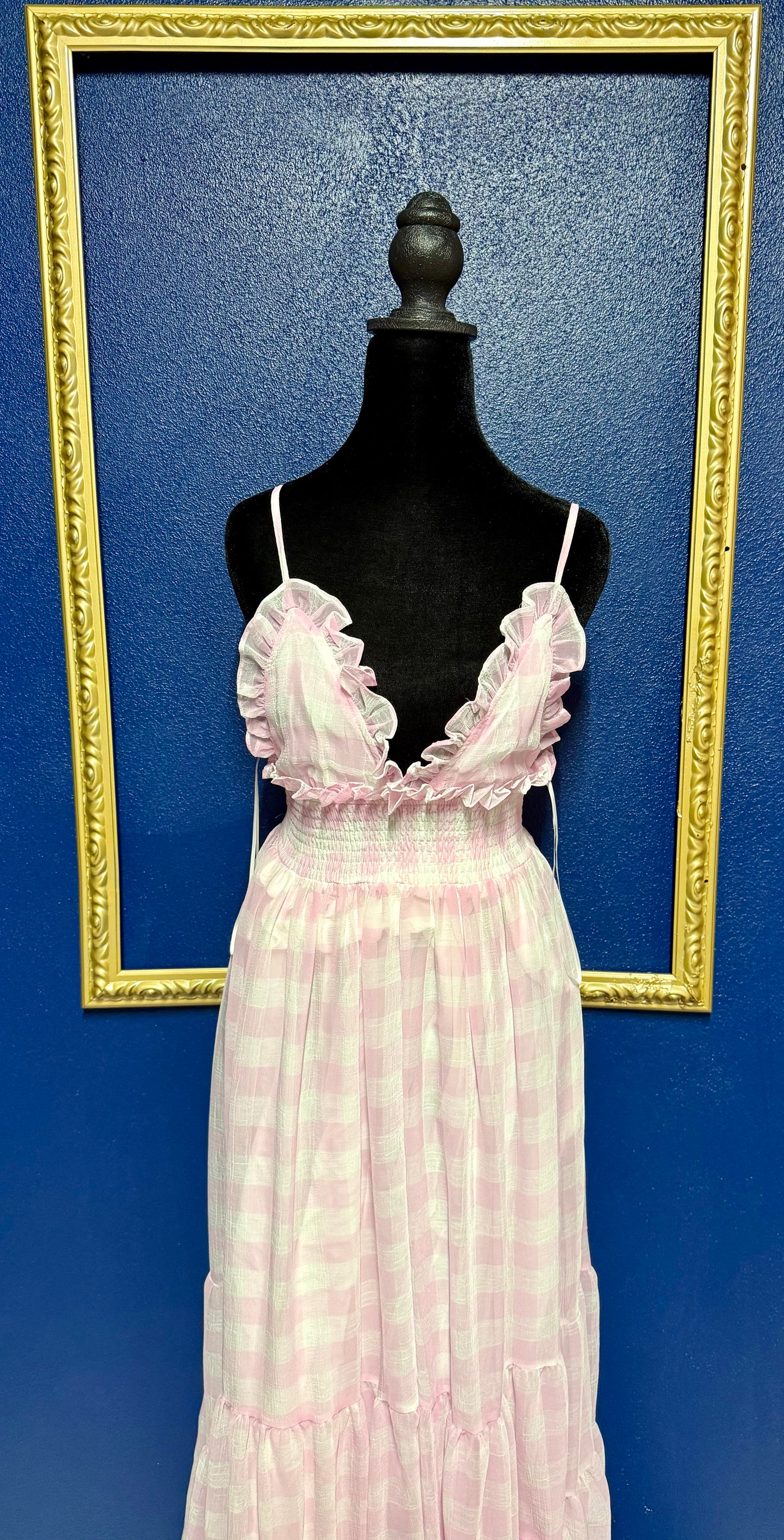 Vici Light Pink Gingham Smocked Dress