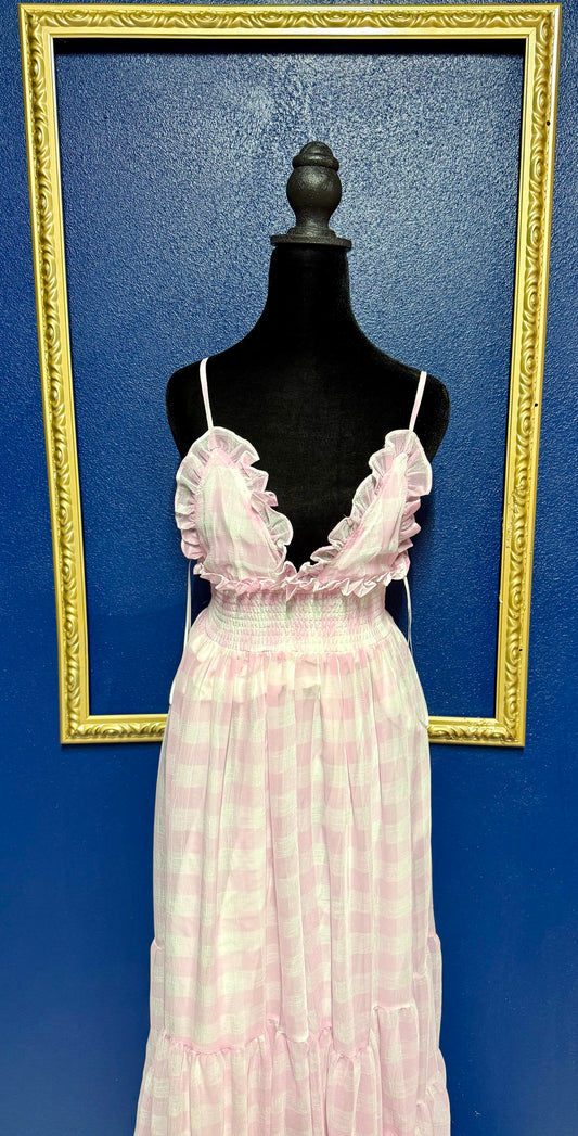 Vici Light Pink Gingham Smocked Dress