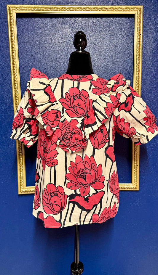 Entro Red and Black Floral Blouse