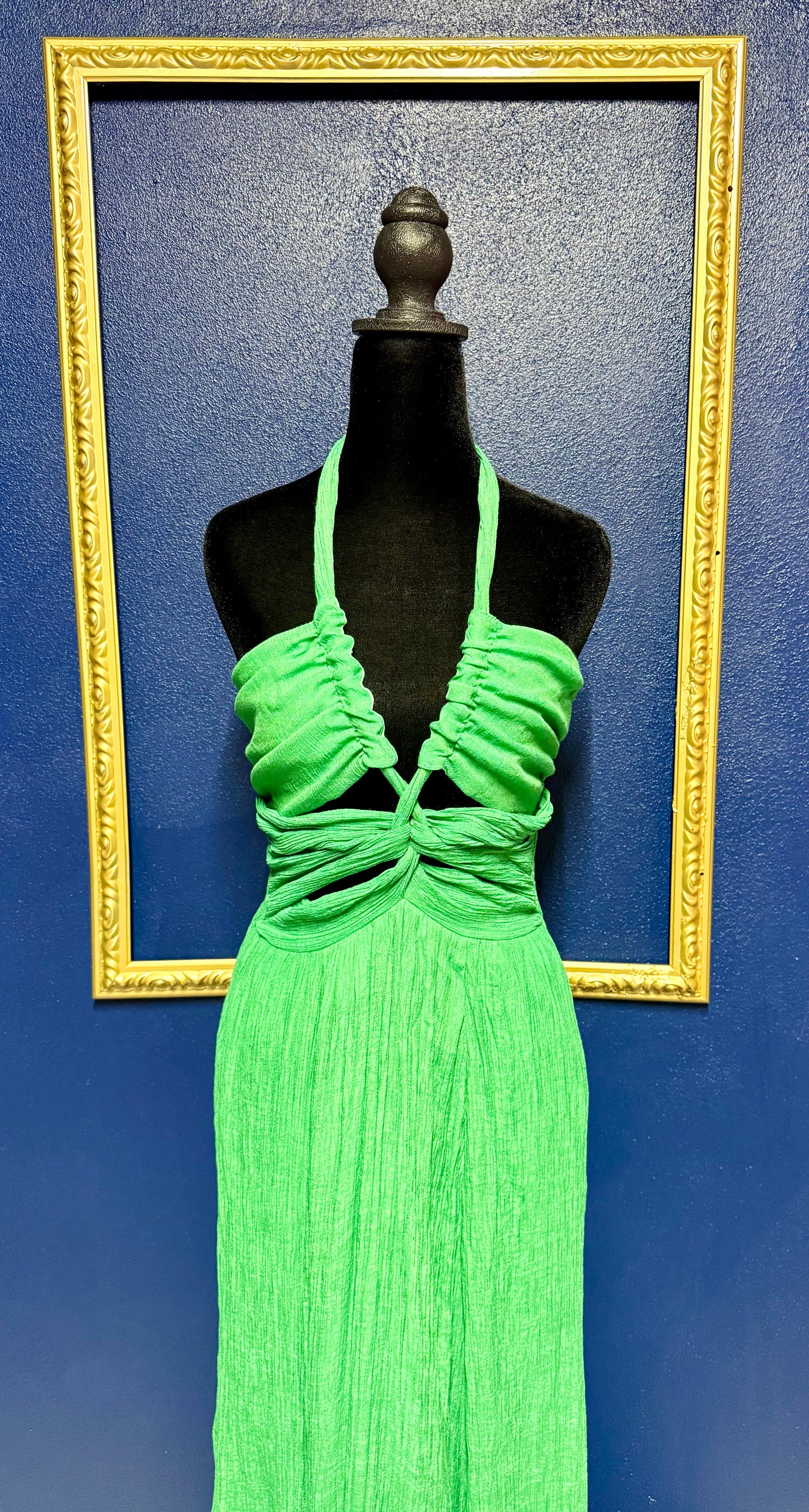 Aakaa Green Smocked Halter Dress