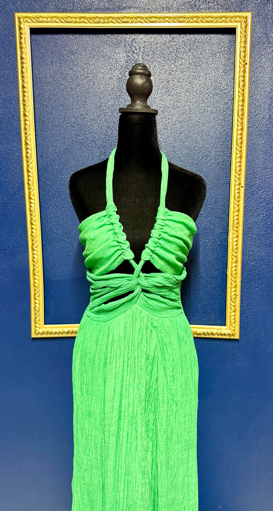 Aakaa Green Smocked Halter Dress