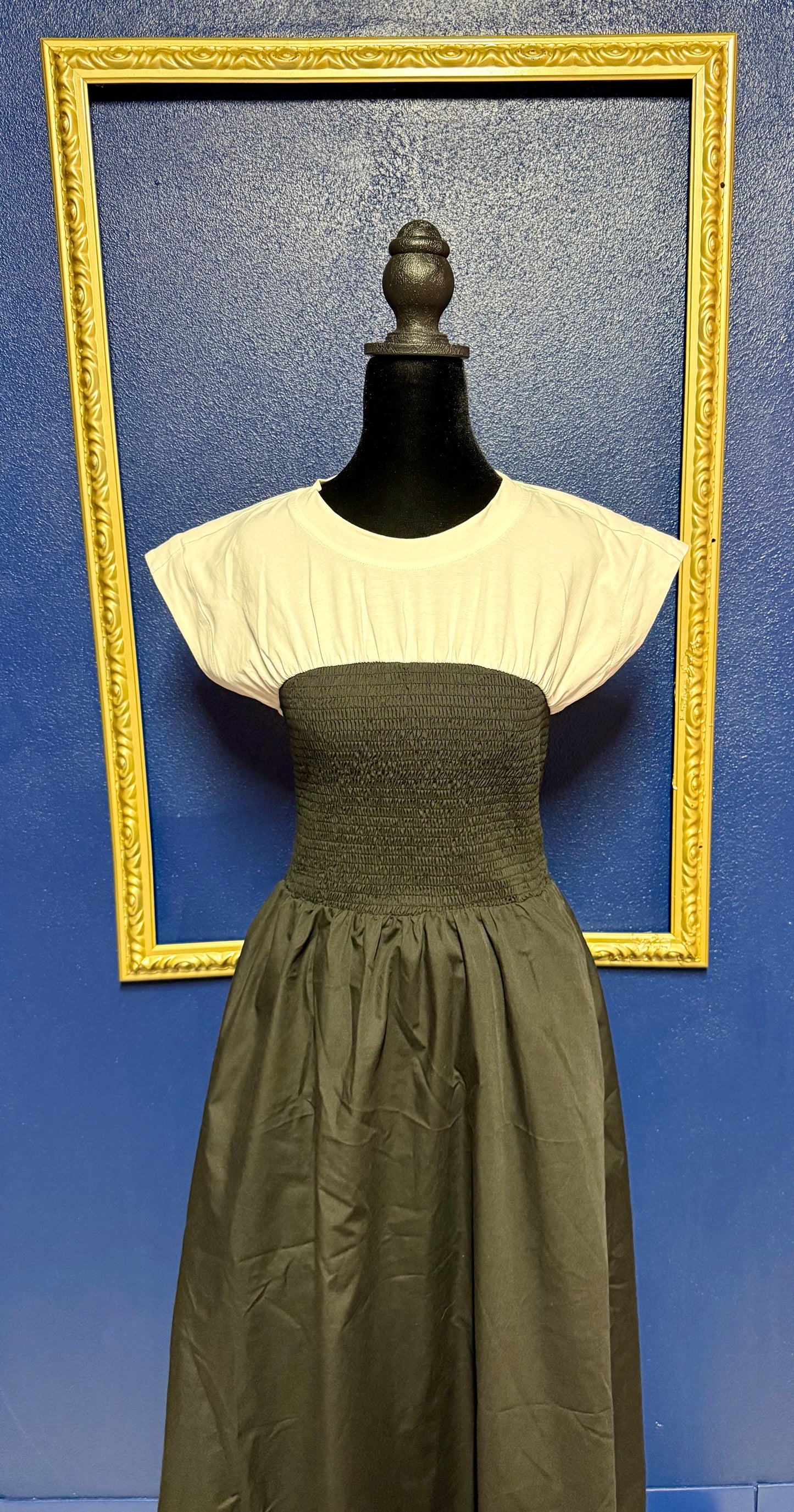 Entro Black and White Smocked Waist Dress