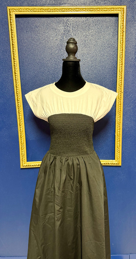 Entro Black and White Smocked Waist Dress