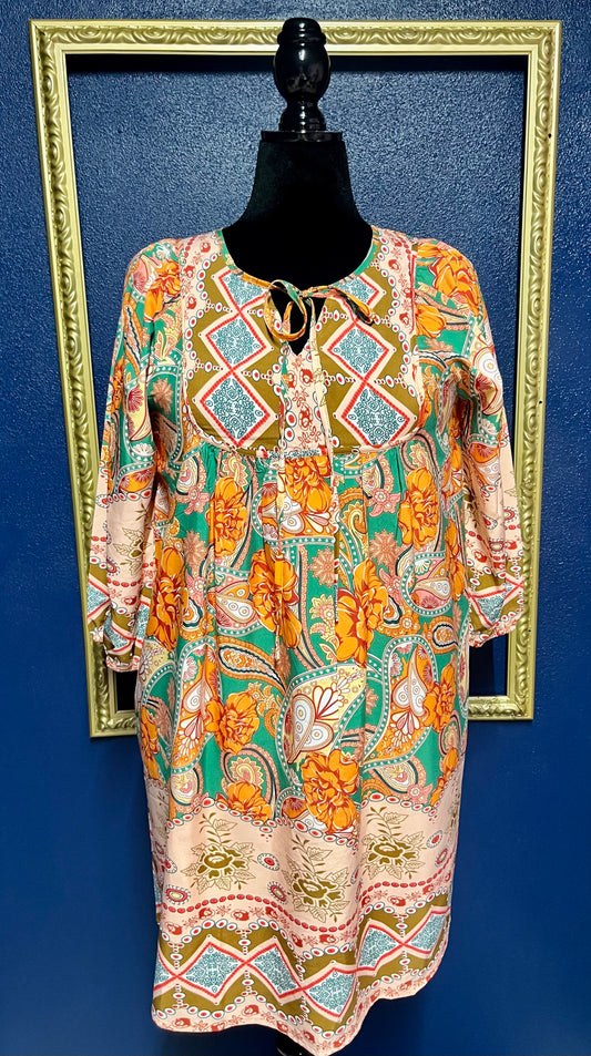 Bluetime Green and Orange Print Dress
