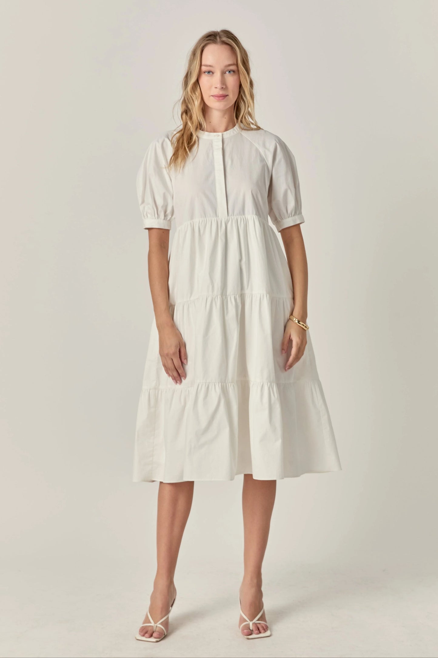 English Factory Navy Short Puff Sleeve Midi Dress With Pockets