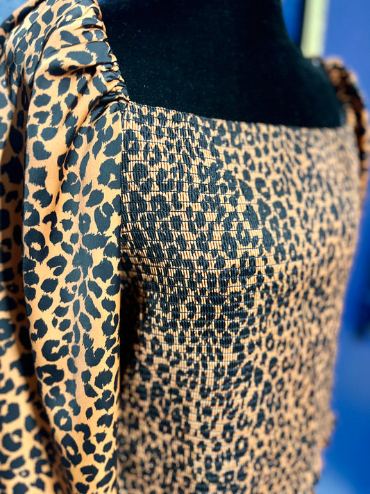 Gianni Bini Silk Smocked Leopard Top