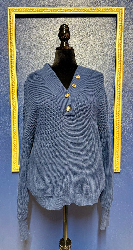 Lunya Navy Quarter Button Sweater
