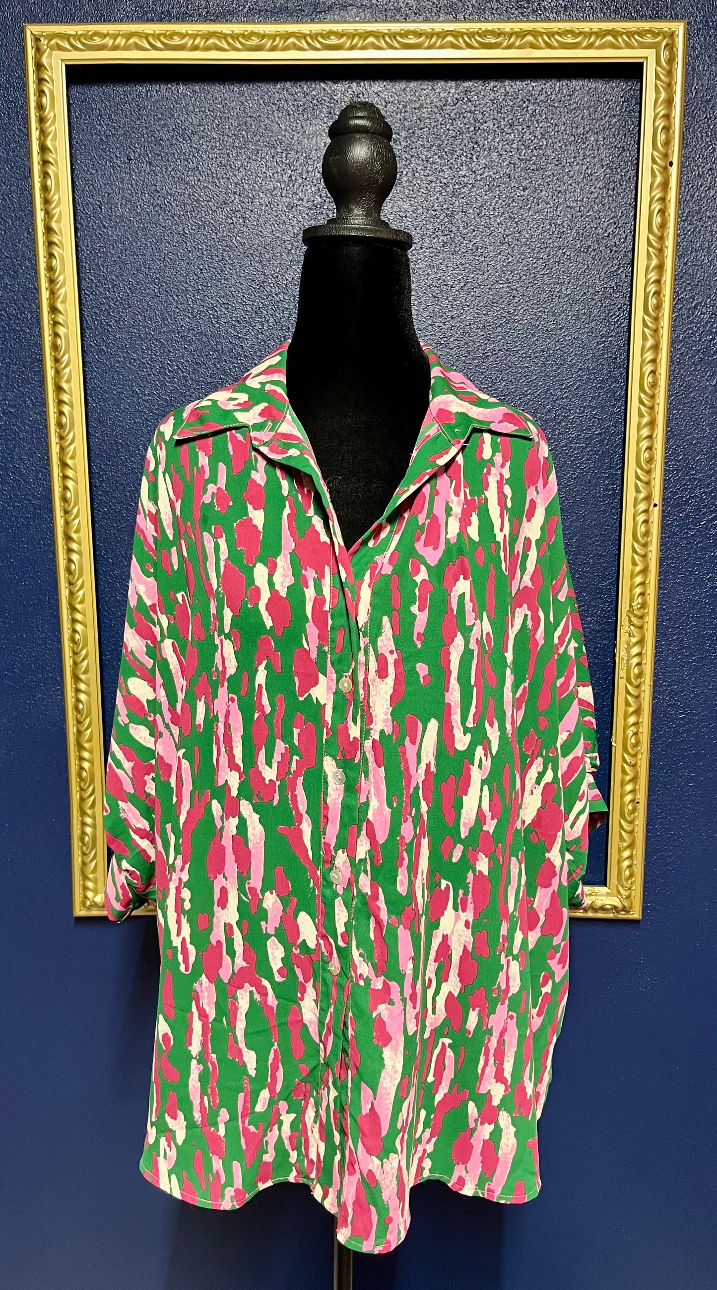 Adrienne Green and Pink Button Down Blouse