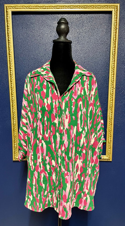 Adrienne Green and Pink Button Down Blouse