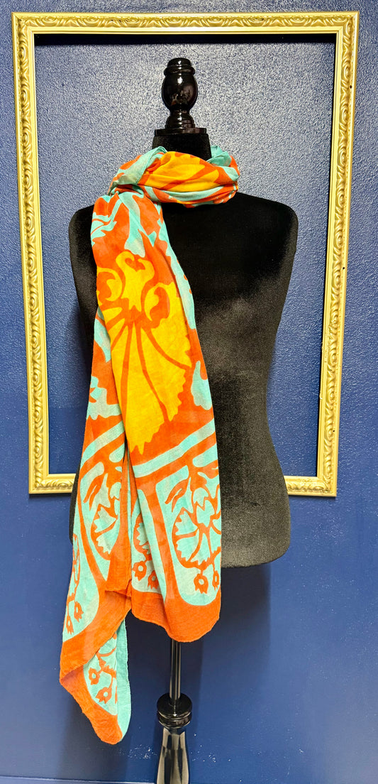 Turquoise and Orange Print Scarf