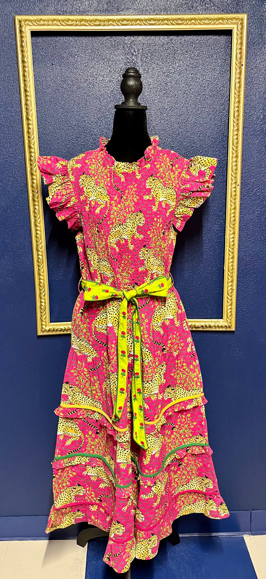 Printfresh Smocked Hot Pink Leopard Print Dress