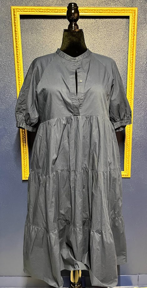 English Factory Navy Short Puff Sleeve Midi Dress With Pockets
