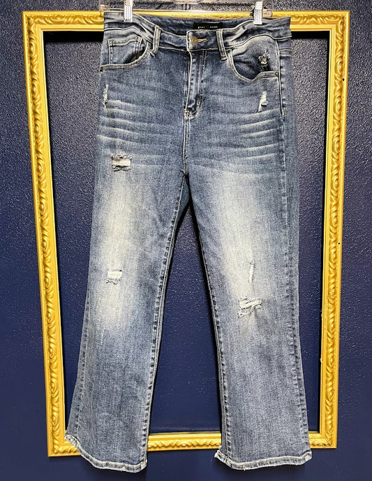 Risen Distressed Straight Leg Jeans