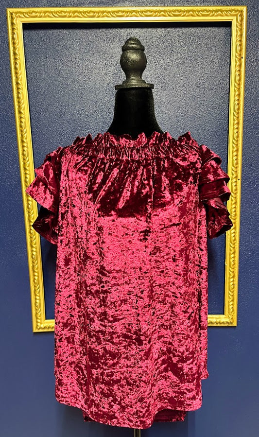 Umgee Maroon Crushed Velvet Off the Shoulder Tunic