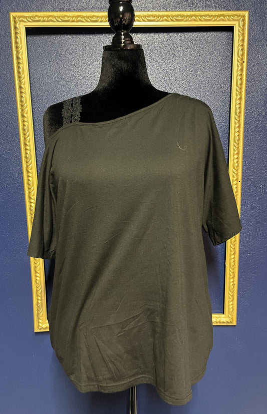 Black Lace Strap One Shoulder T-Shirt